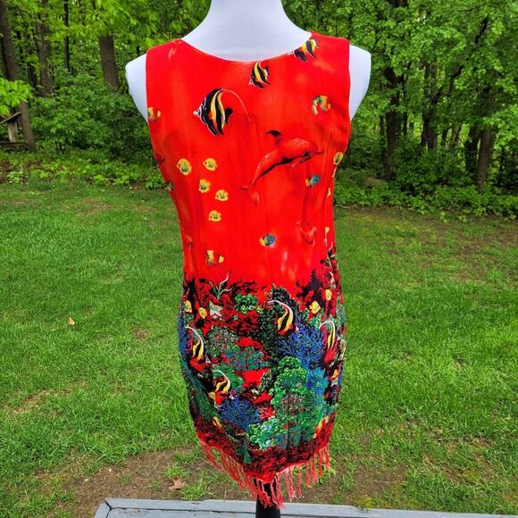 IN GEAR Sleeveless Orange Red Tropical Sea Dress with Fringe size Small - Picture 4 of 8